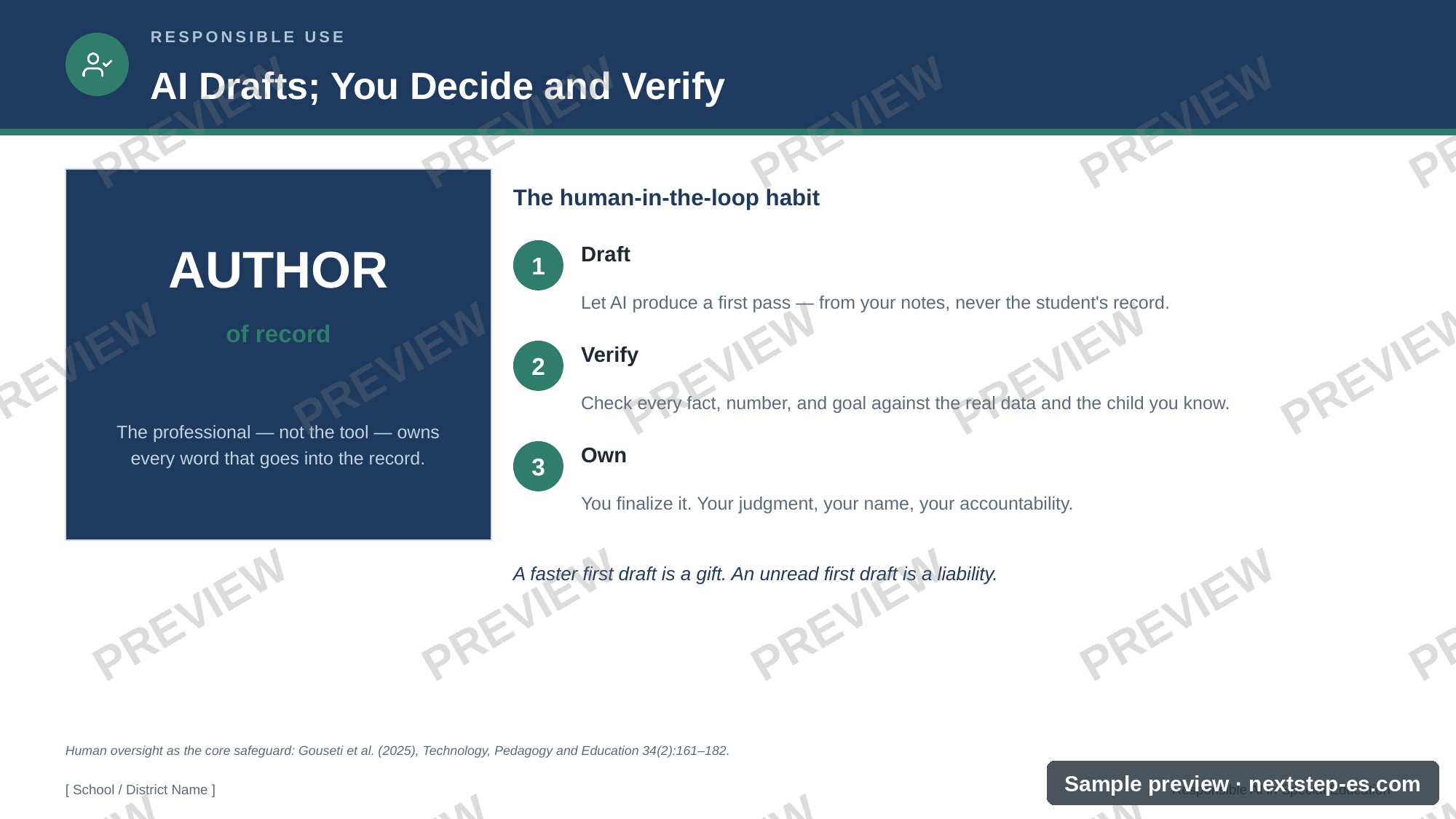 Preview — human-in-the-loop: draft, verify, own
